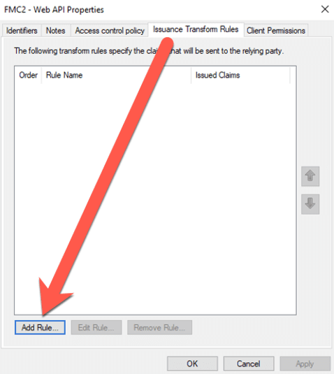 Figure 14: Screenshot of FMC2 - Web API Properties with the Issuance Tranform Rules tab active