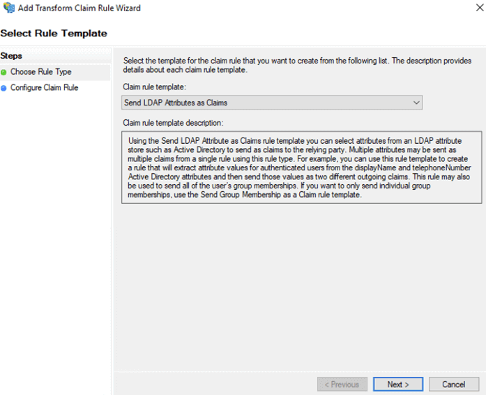 Figure 15: Screenshot of the Add Tranform Claim Rule Wizard and the Choose Rule Type step