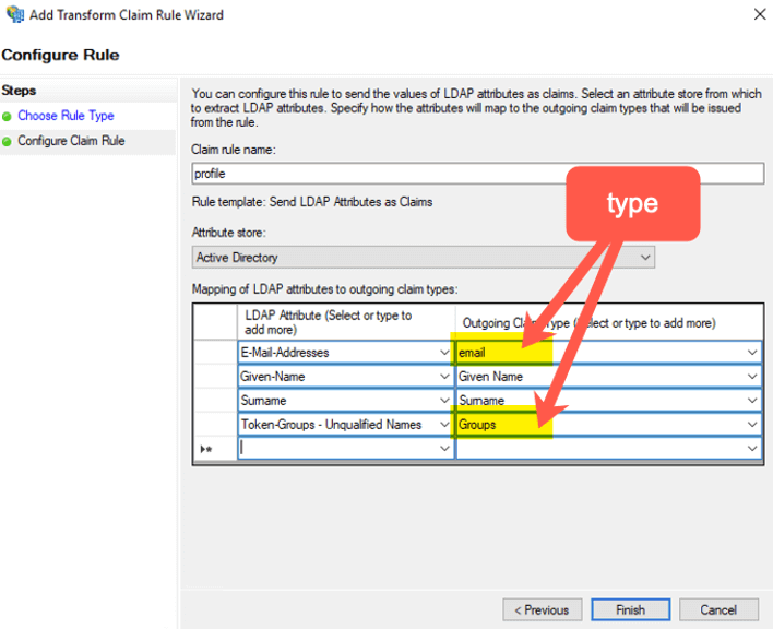Figure 16: Screenshot of the Add Transform Claim Rule Wizard and the Configure Claim Rule step