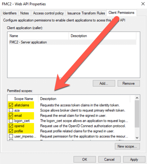 Figure 17: Screenshot of the FMCS - Web API Properties with the Client Permissions tab active