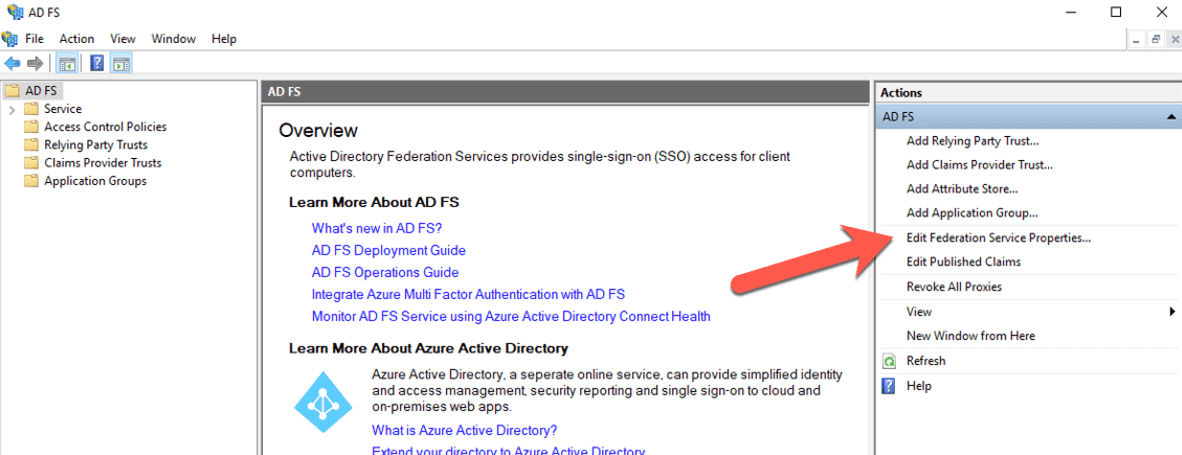Figure 18: Screenshot of the AD FS Manager tool - with the Actions meu in the right-side pane
