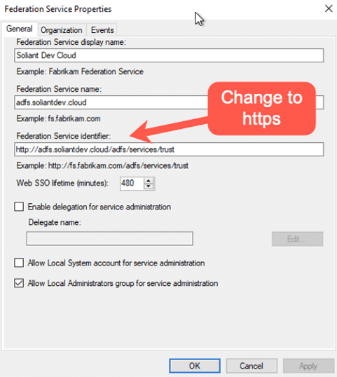 Figure 19: Screenshot of the Federation Service Properties highlighting the Federation Service identifier