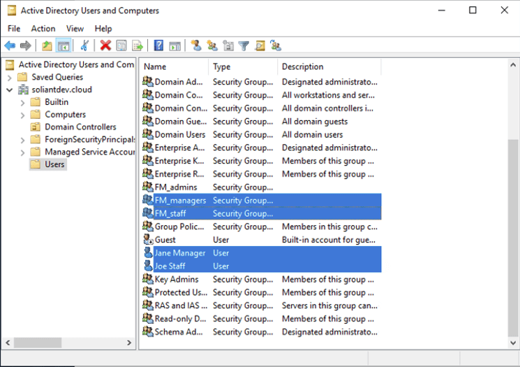 Figure 2: Screenshot of the groups and users on the Active Directory domain