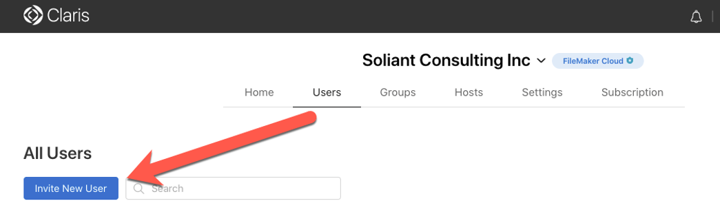 Figure 28: Screenshot of the FileMaker Cloud Customer Console highlightng the Invite New User button