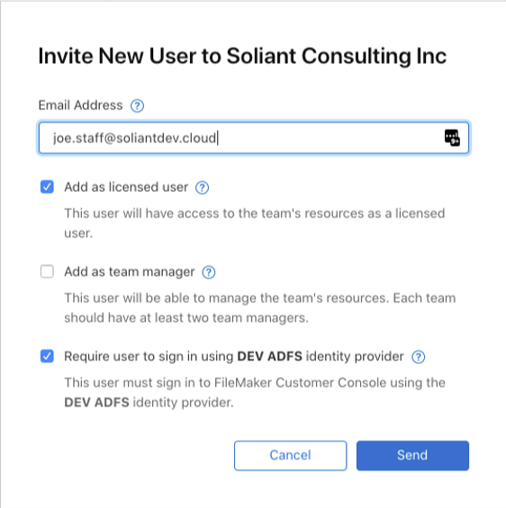 Figure 29: Screenshot of the Invite New User dialog and entering the user's email address