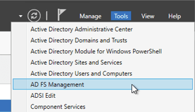 Figure 4: Screenshot of the Tools popup and seleting AD FS Management