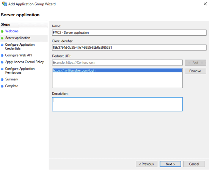 Figure 7: Screenshot of the Server application step and the generated client ID