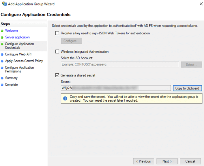 Figure 8: Screensho tof the Configure Application Creditionals step and the generated client secret