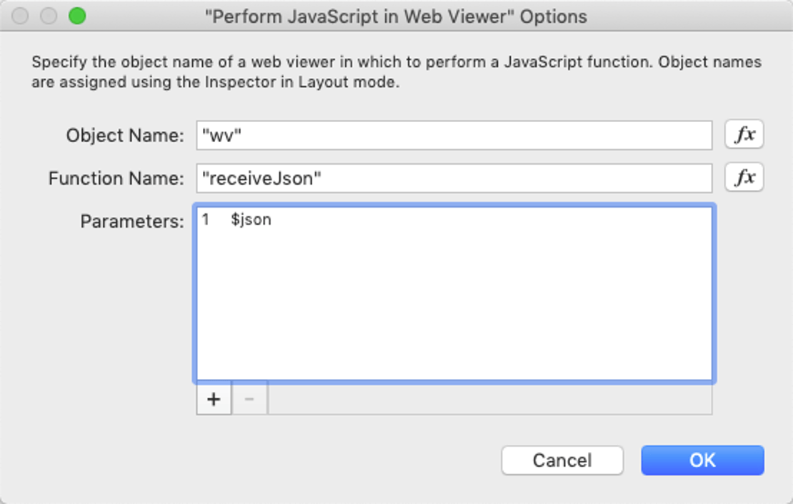 Screenshot of the 'Perform JavaScript in Web Viewer' options window and calling a JavaScript function in FileMaker