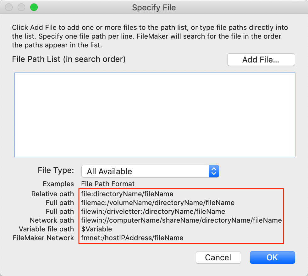 Screenshot of the 'Specify File' dialog