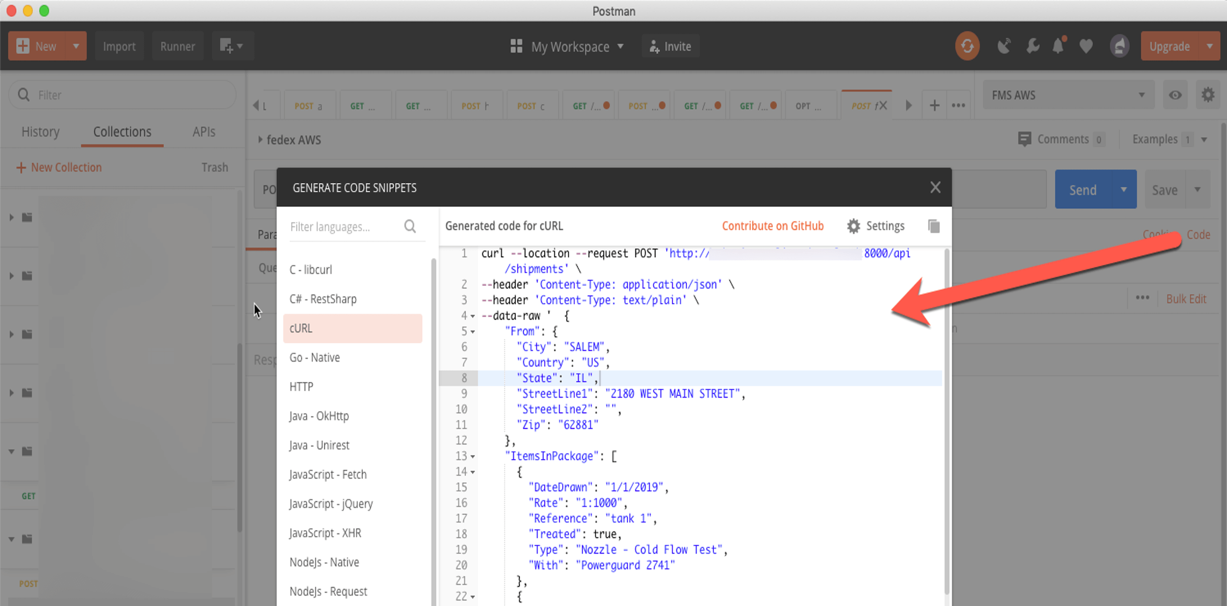 Screenshot of Postman translation of an API request into cURL syntax