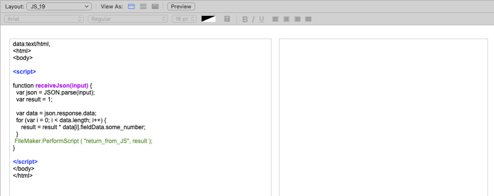 Screenshot of Layout Mode to show how javascript works in FileMaker