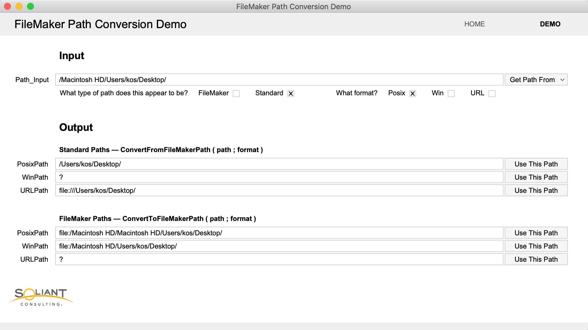 Screenshot from the FileMaker Path Conversion Demo file