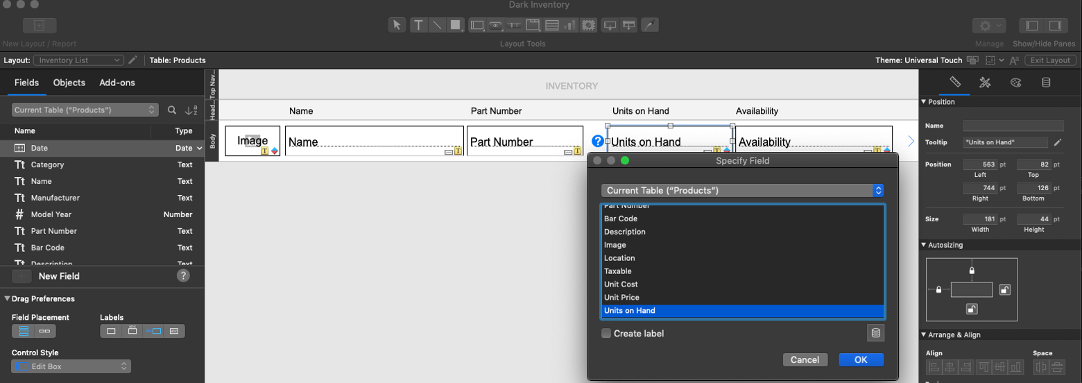 Photo of Layout mode with Specify Field open viewed in Dark Mode