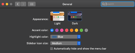 Screenshot from General option in System Preferences that shows 'Dark' selected