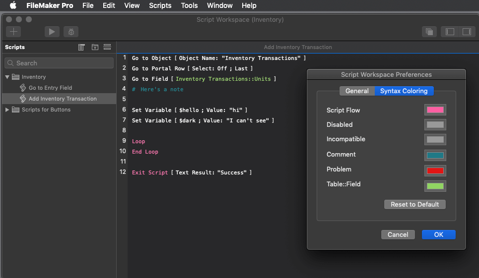 Photo of the Script Workspace with default Syntax Coloring viewed in Dark Mode