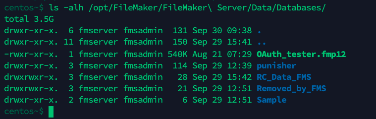 Screenshot of the live FileMaker Server database folder with files that are needed