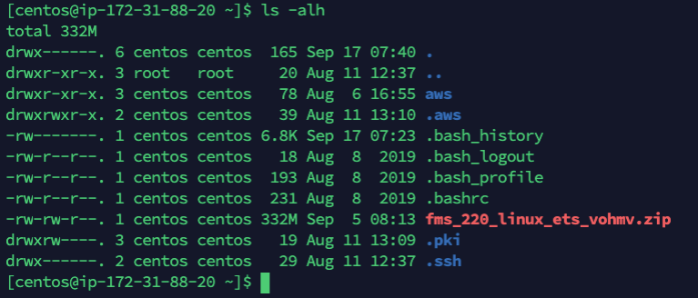 Screenshot of zip file in the centos root folder