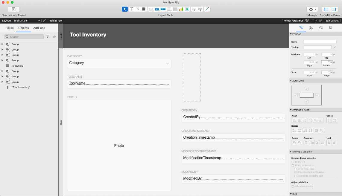 Screenshot of Layout Mode in FileMaker 19.1 after exiting quick start