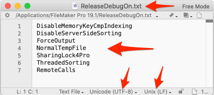 Photo of the 'ReleaseDebugOn.txt' config file using UTF-8 file encoding