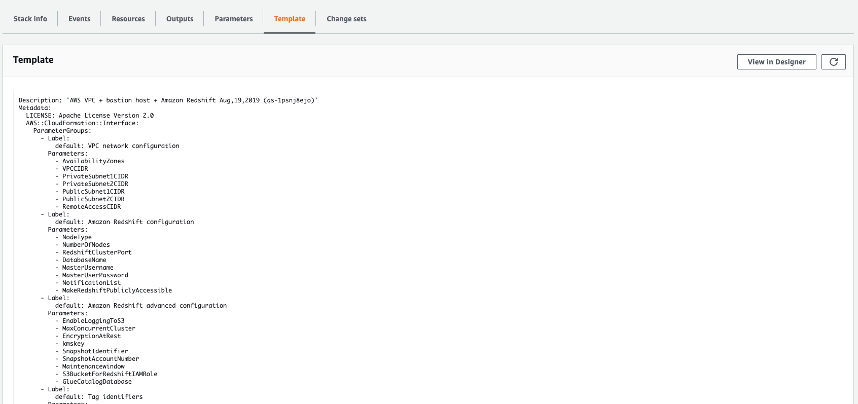 AWS Management Console CloudFormation/Services with the Template tab highlighted in red