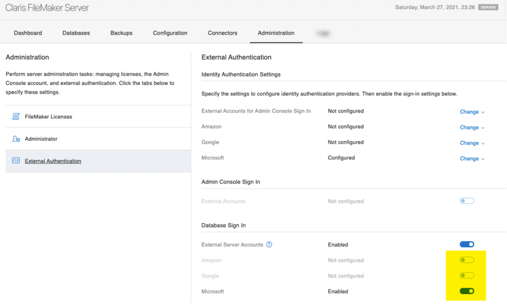 FileMaker Server Administration - database sign in toggles