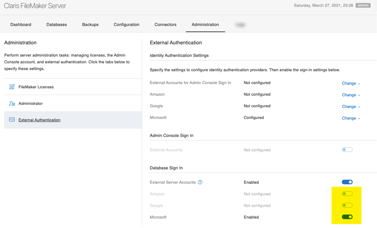FileMaker Server Administration database sign in toggles