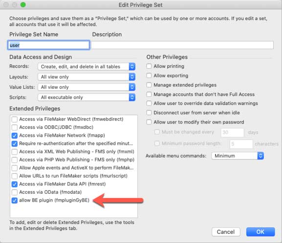 Screenshot of the Edit Privilege Set window pointed to the 