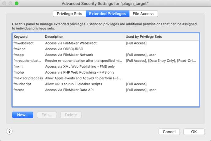 Screenshot of the 'Extended Privilege' tab in the Advaned Security Settings for 