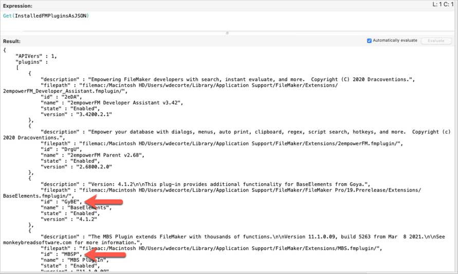 Screenshot of the Get(InstalledFMPluginsAsJSON) function the 'id