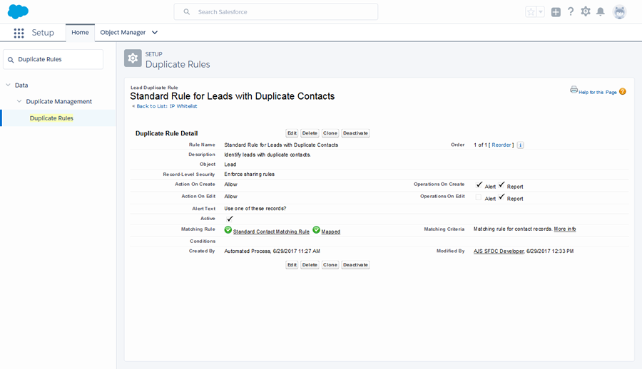 Screenshot of the Lead Duplicating Rule