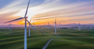 Photo of a farm of wind turbines