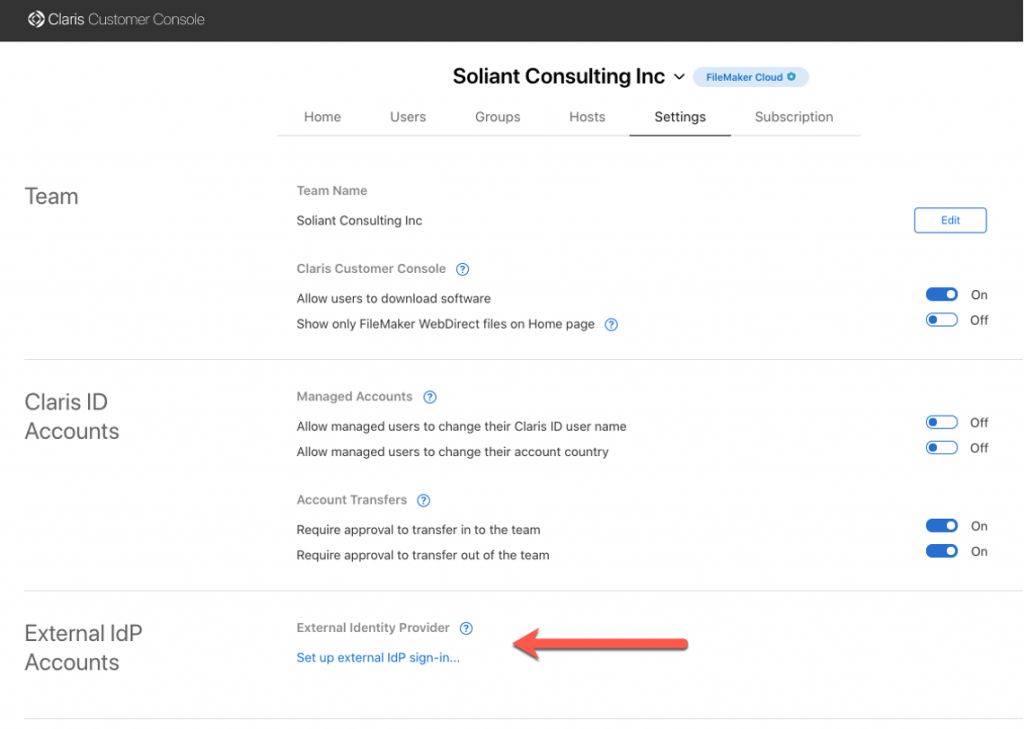 Photo of the FileMaker Customer Cloud Console highlighting the External iDP Accounts section