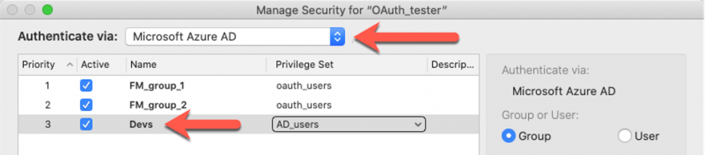 Photo highlighting 'Microsoft Azure ID' on the 'Authenticate via' drop to which the Dev AD group will be added