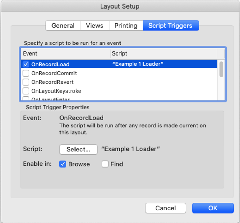 Script Triggers tab in the Layout Setup window with 