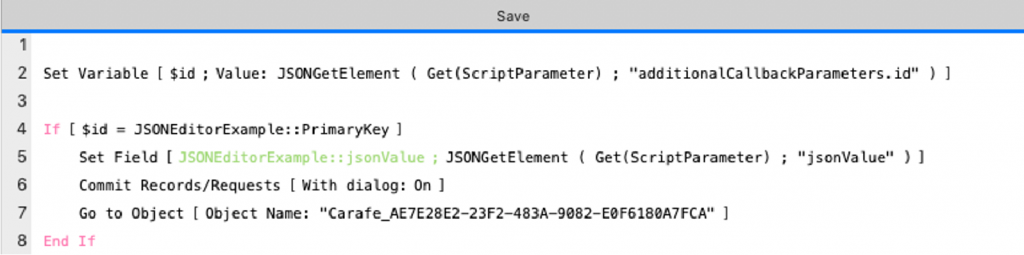 Screenshot of the Save Script reference in the callback option.