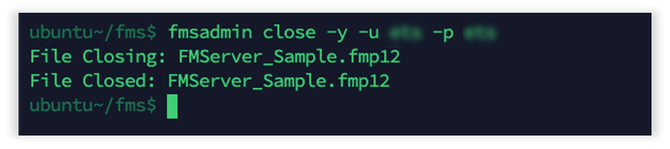 Photo showing telling the system to close the FMServer_Sample.fmp12 file