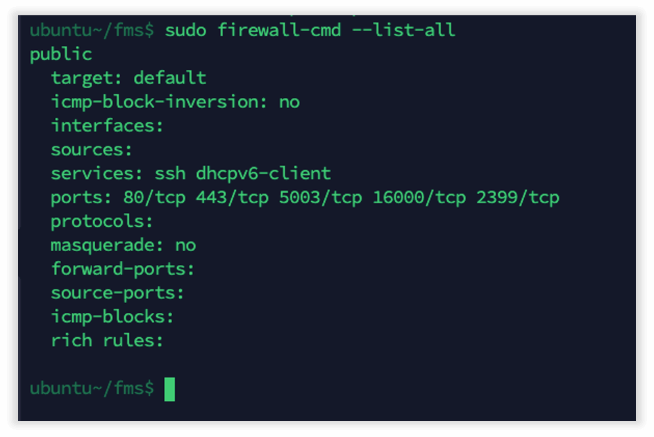 Photo of FileMaker Server configuring the Linux firewall automaticlly and opening ports 80/tcp 443/tcp 2399/tcp 5003/tcp 16000/tcp on the firewall