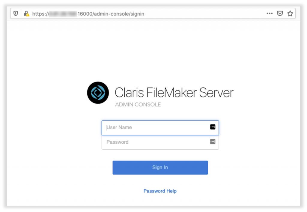 Photo of the Claris FileMaker Servre Admin Console login