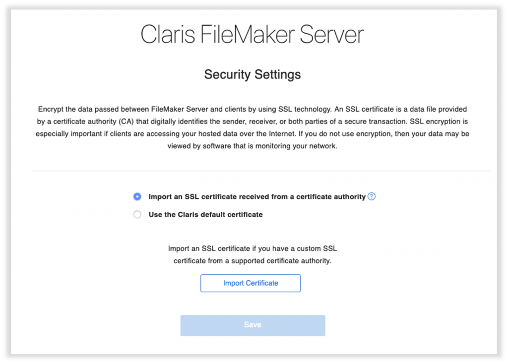 Photo of Claris FileMaker Server Admin Console security settings page with 