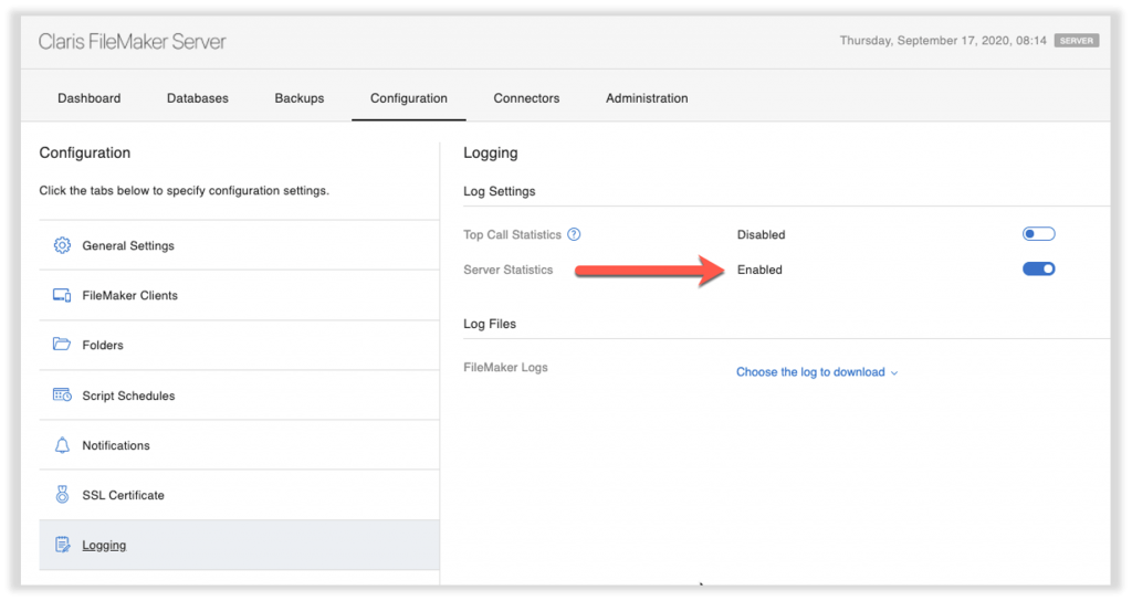 Photo of the Claris FileMaker Server admin console with the Configuration tab active and under 