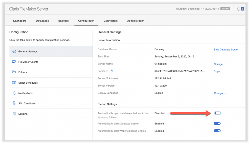 Photo of the Claris FileMaker Server admin console with the 