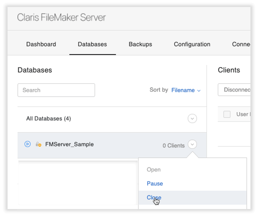 Photo of the Claris FileMaker Server admin console with the 