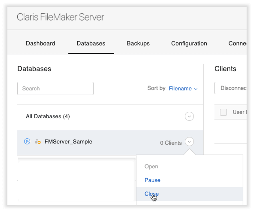 Photo of the Claris FileMaker Server admin console with the