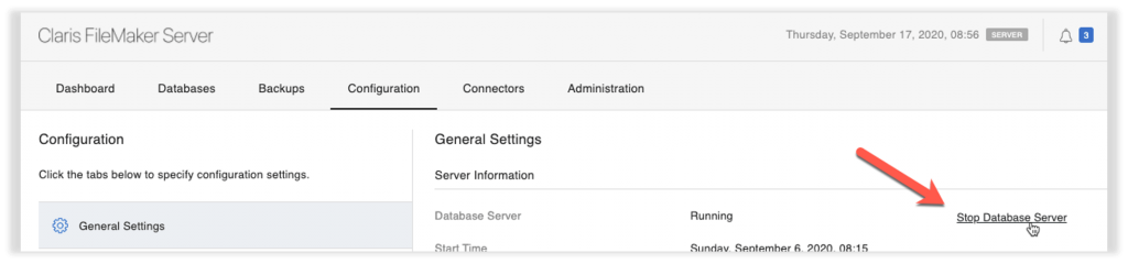 Photo of the Claris FileMaker Server admin console with the 