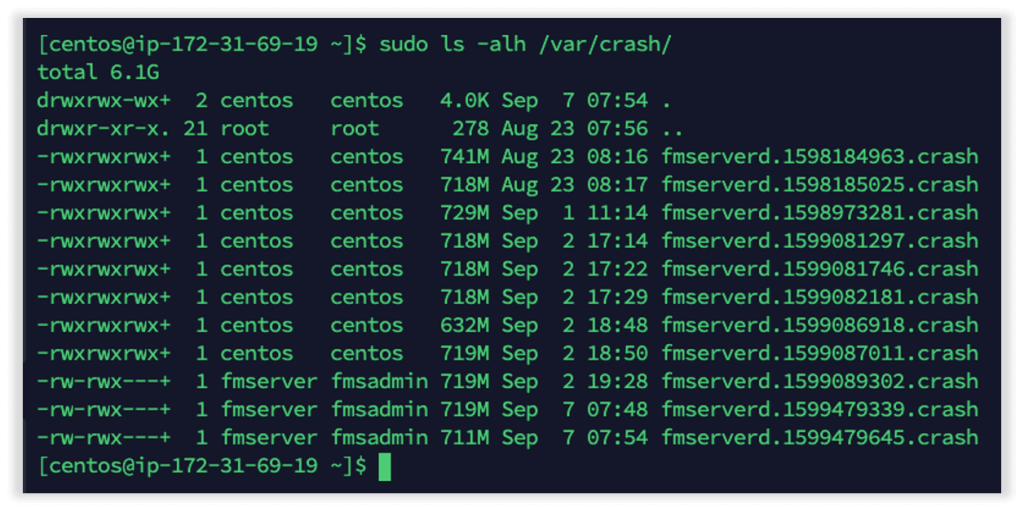 Photo of the crash log showing files listed with a FileMaker Server process as part of their name