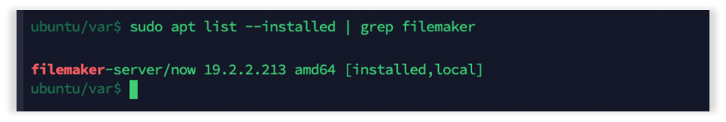 Photo showing results after using the apt list --installed | grep filemaker command to view the version and build info from the yum package manager