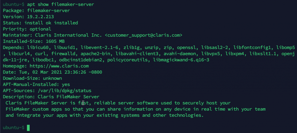 Photo showing result after using the apt show filemaker-server command to get information about the FileMaker Server package installed