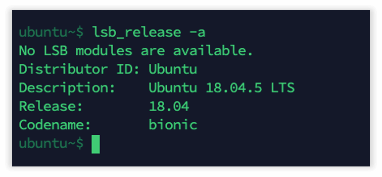 Photo of command line checking the version of Ubuntu to verify it is 18.04