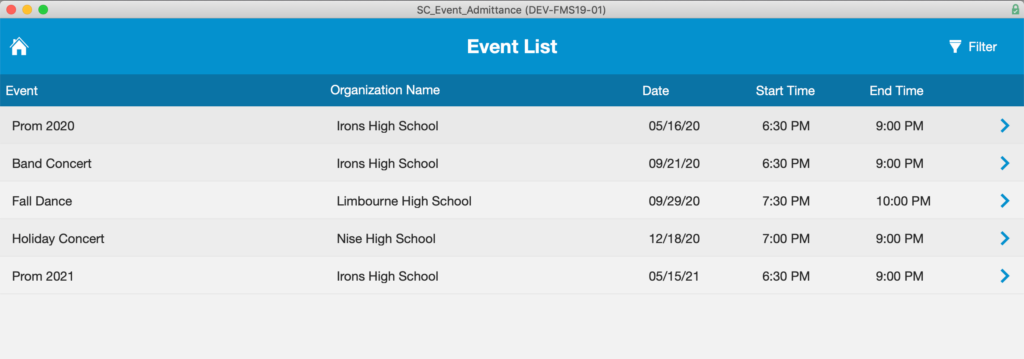 Event list accessed from the Main Menu. The list displays a list of scheduled events.